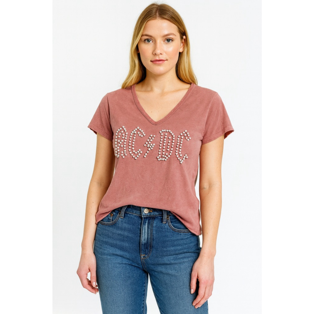 Women's AC/DC Pink Short Sleeve Tee with Pearl Embellishments M